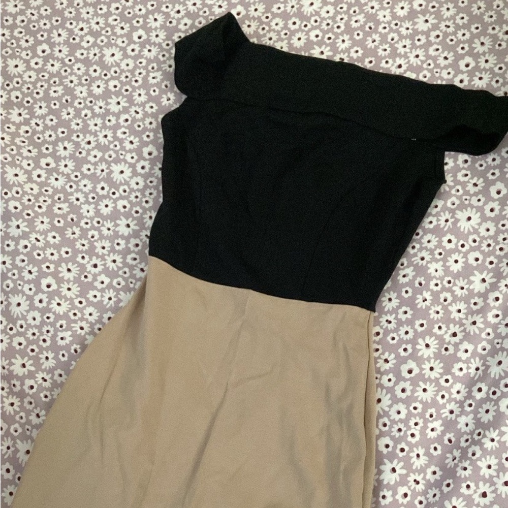 Fashion Nova Black and Tan Off-Shoulder Sheath Dress